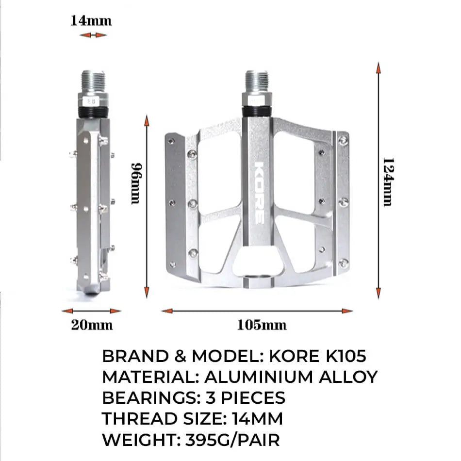 KORE K105 Bicycle Pedals – Made in Taiwan, 3 Bearings, Lightweight & Durable