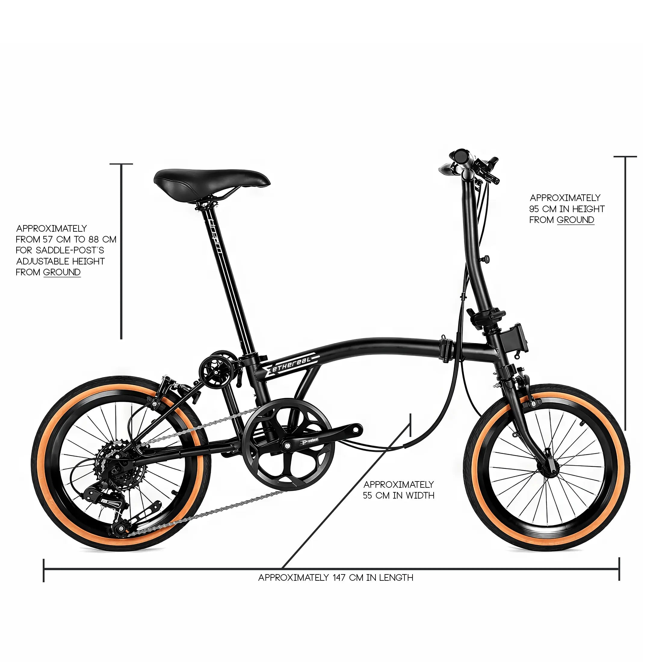 Ethereal M7 16 inch trifold folding bike side view Singapore chromoly steel frame durable compact commuter bicycle urban riding