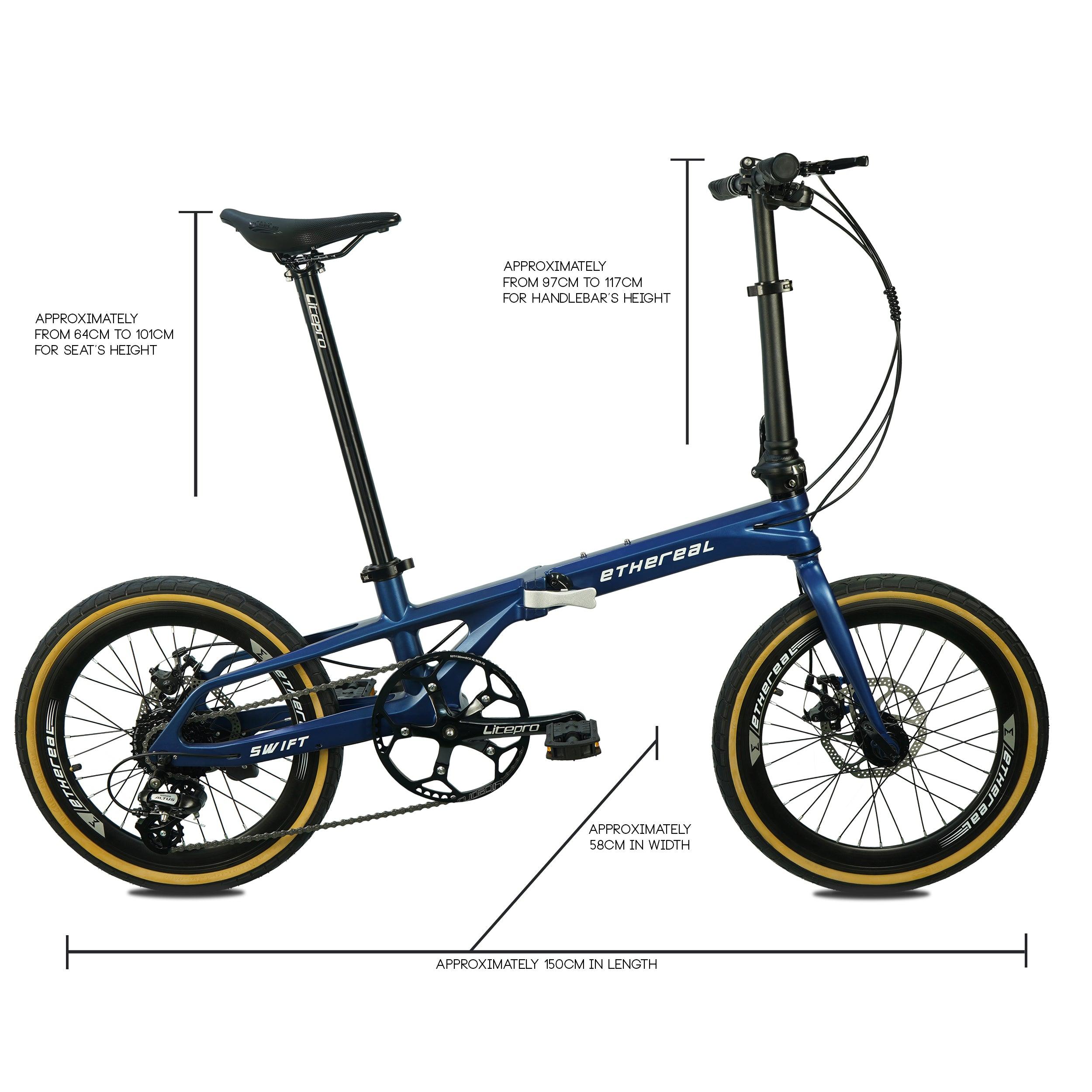Ethereal Swift Gen 2 foldable bicycle with Shimano Altus 8-speed derailleur, Zoom mechanical disc brakes, Kenda tanwall pneumatic tires, and lightweight magnesium alloy frame - The Bike Atrium - Best Bicycle Shop in Singapore