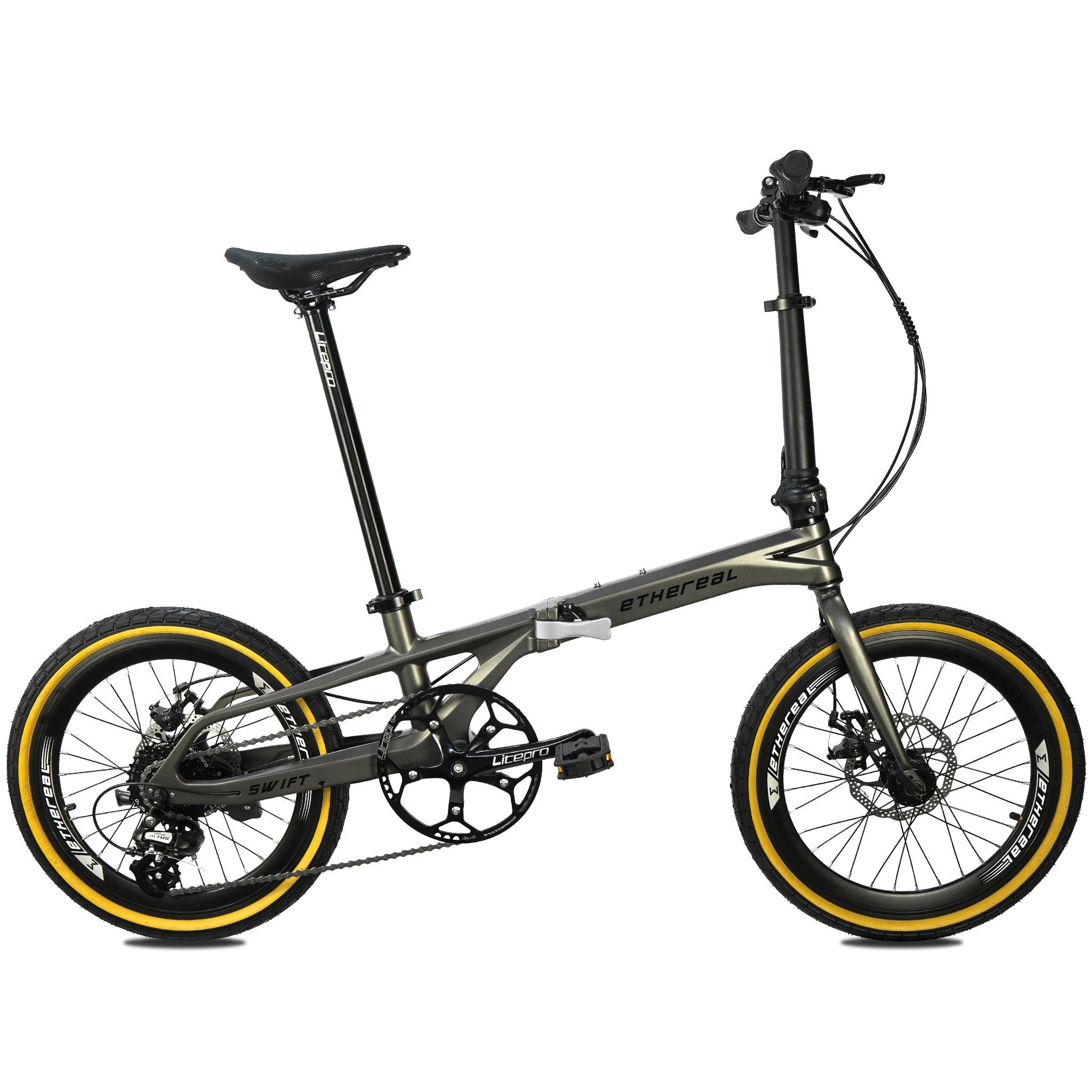 Ethereal Swift Gen 2 foldable bicycle with Shimano Altus 8-speed derailleur, Zoom mechanical disc brakes, Kenda tanwall pneumatic tires, and lightweight magnesium alloy frame - The Bike Atrium - Best Bicycle Shop in Singapore
